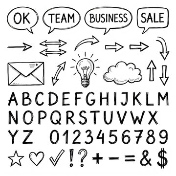 Hand Drawn Sketch Style Communication Symbols Letters Numbers Icons Set transparent background