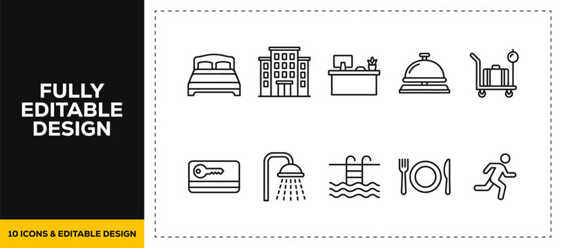flat vector illustration line art icon bundle set design depicting hotel services bedroom beds and luggage trolleys for professional hospitality stay management apps ui