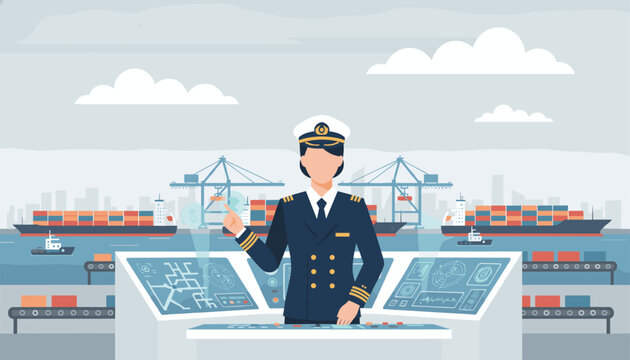 Ship captain stands at a complex control console monitoring logistics data and cargo ship movements across the vast ocean terminal environment.