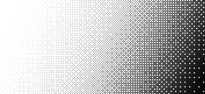 Abstract black square pixel halftone gradient background. Retro bitmap dither texture with raster dot fade effect. Minimal digital pattern for posters, banners, web, print and modern design.