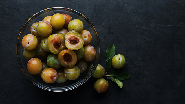 Ripe yellow and green plums assortment served in transparent bowl