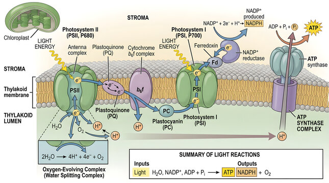 Photosynthesis light dependent reactions diagram inside thylakoid membrane stroma