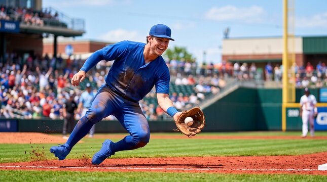 Infielder fielding a ground ball, Young male baseball player fielding ground ball on dirt in outdoor stadium  