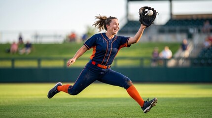 Fototapeta premium Outfielder catching a fly ball, Young woman catching softball in outfield during game on sunny day 