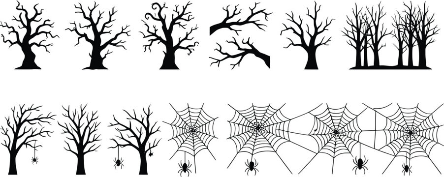 Spooky Halloween silhouette set with dead trees and spider webs. Creepy bare branches and spiders in EPS vector format for gothic design.