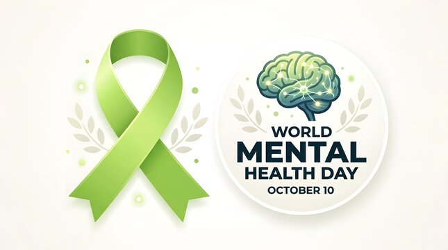 World mental health day awareness ribbon illustration featuring a brain and text encouraging psychological wellbeing and offering support for mental health issues