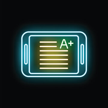 Tablet showing digital learning result with excellent a plus grade in neon style