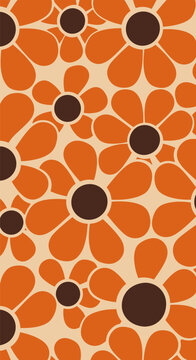 Retro 1970s seamless floral pattern with orange flowers and brown centers on beige background. Groovy aesthetic wallpaper.