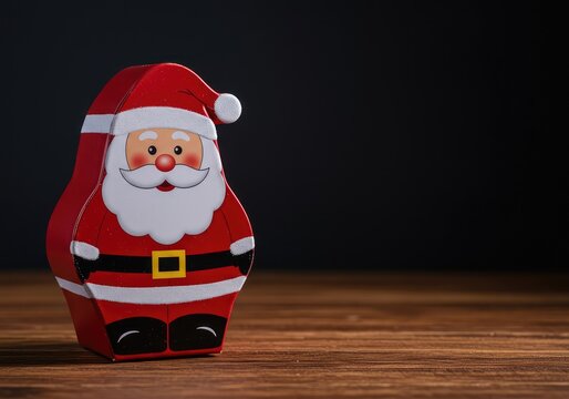 A festive holiday gift box shaped like Santa Claus, sitting on a wooden surface, ready for presents and seasonal celebrations in December ,merry ,enclosed ,seasonal