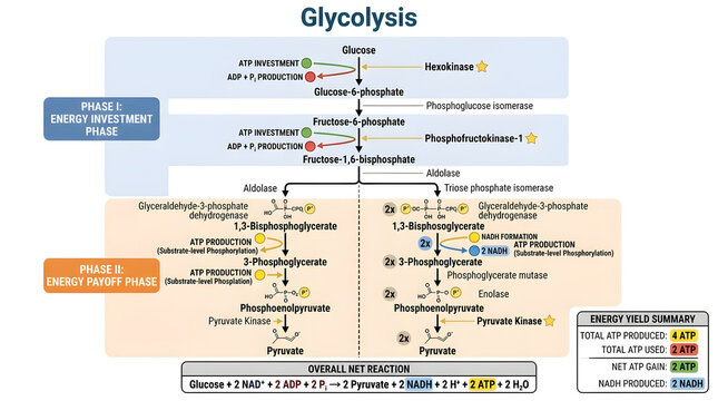 Detailed scientific diagram illustrating the biochemical pathway steps of glycolysis