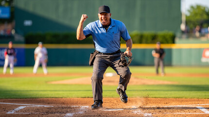 Obraz premium Umpire calling a strike, Male baseball umpire signaling on field during game in outdoor stadium 