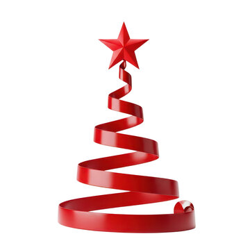 Red spiral christmas tree decoration with star isolated on transparent background