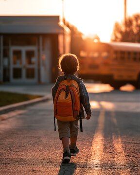 Young child with backpack walking towards school building and bus at sunrise