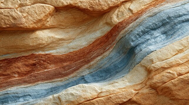 Close-up of layered rock formation, showing a wavy pattern of various colored strata, revealing geological processes
