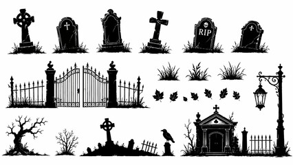 Fototapeta premium Collection of Spooky Cemetery Silhouettes for Halloween Graveyard Design