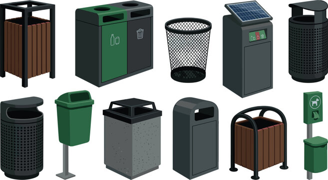 Flat Vector Street Trash Can and Recycling Bin Set with Public Waste Containers Solar Powered Compactor and Dog Waste Stations for Urban Infrastructure Designs
