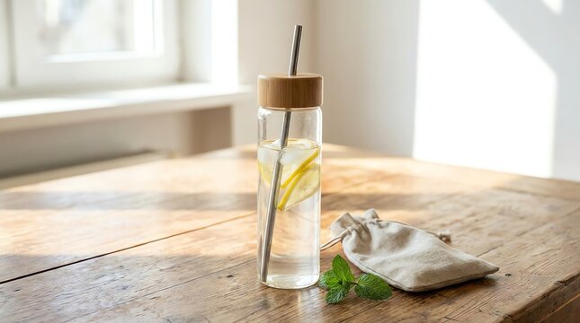 Refreshing Lemon Water in a Stylish Glass Bottle with Bamboo Lid and Straw, Mint, and Pouch