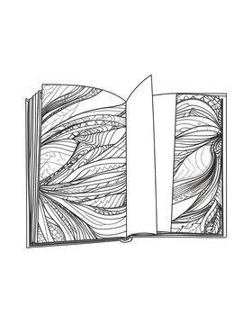 Black and white line art of open book with flowing text.
