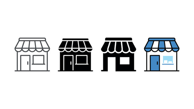 Set of four shop building icons featuring various outline and solid styles for web design