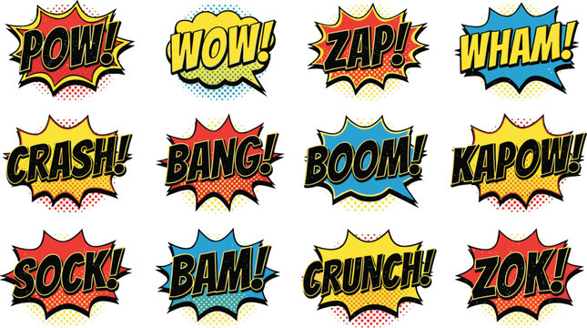 Comic Book Retro Sound Effects Vector Set with Pow Wow Zap Wham Crash Bang Boom Kapow Sock Bam Crunch and Zok Onomatopoeia Text Words for Layouts