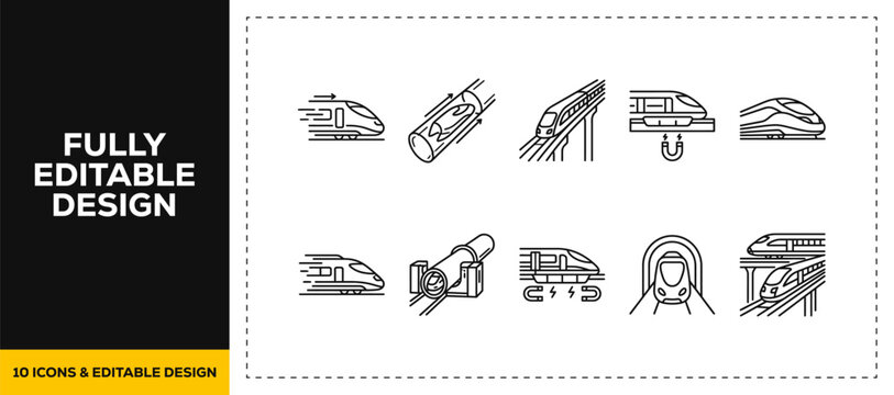 flat vector illustration line art icon bundle set design showcasing high speed trains bullet rail and futuristic transport tech for modern urban mobility application ui