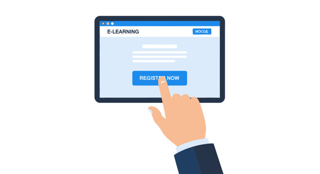 Businessman Hand Clicking Register Now Button on E-Learning Tablet App for Online Education