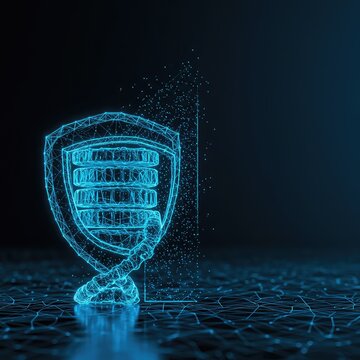 A glowing blue data helix structure is encased in a protective geometric security barrier representing strong digital defense against threats ,wire ,shield ,security