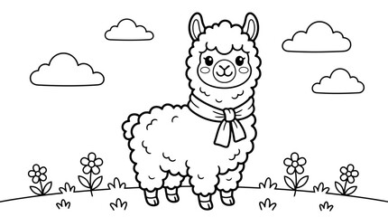 Naklejka premium Cute cartoon llama standing in a field with flowers and fluffy clouds above