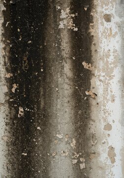 A highly detailed close-up image of a severely stained and distressed wall texture, exhibiting deep grime, peeling paint, and heavy industrial wear ,distressed ,copy space ,stained