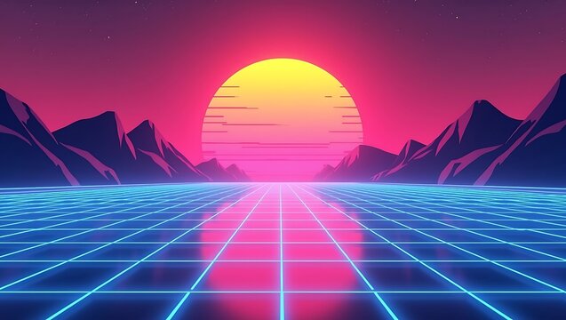 Retro 80s synthwave landscape with glowing sun and neon grid horizon