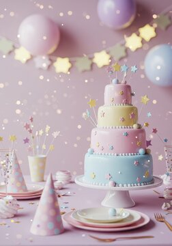 A magical and ethereal birthday scene featuring a pastel tiered cake, shimmering stars, and soft bokeh light effect on a decorated table setting ,celebration ,dream ,ethereal
