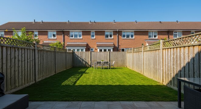 A peaceful residential backyard featuring green lawn, a wooden fence boundary, and a sunny patio area ready for summer relaxation and outdoor entertaining ,landscaping ,backyard ,yard