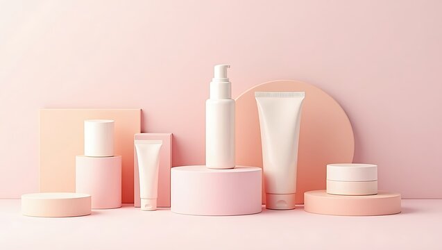 Cosmetic product packaging set on pastel pink geometric podiums