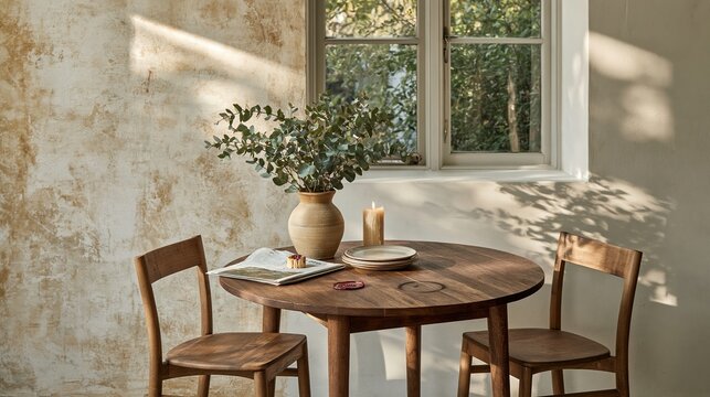 Round timber dining table with weathered wood grain and a matte stoneware vase, set in a sunlit airy room for interior design and home decor