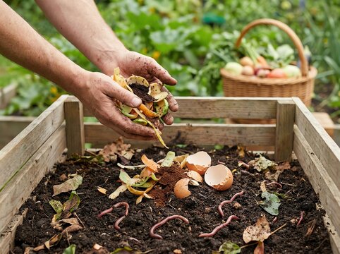 Hands adding food scraps to compost bin with worms and fresh vegetables in basket, organic gardening concept