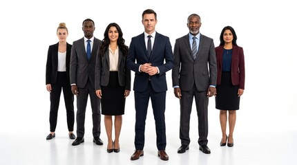 Obraz premium Diverse group of corporate business professionals standing together in formal suits against a white background, representing leadership and teamwork
