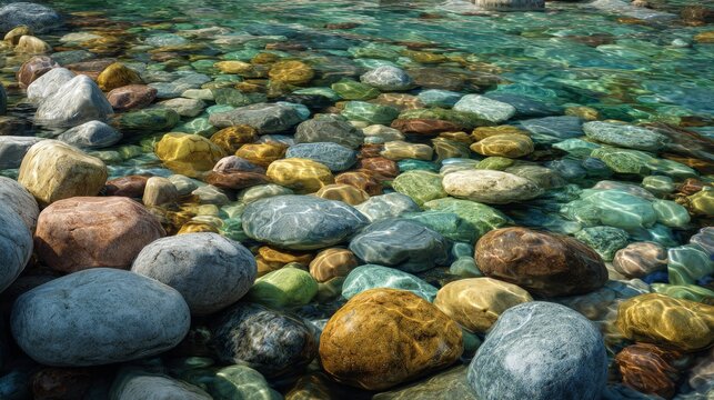 A close-up showcases a clear, shallow stream bed, revealing colorful, smooth river rocks beneath the shimmering water