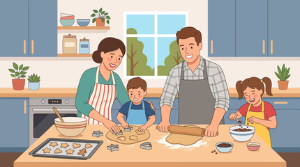 Happy family baking cookies together in a modern kitchen