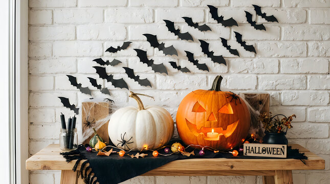 Halloween party scene with jack o lanterns and candles illustration