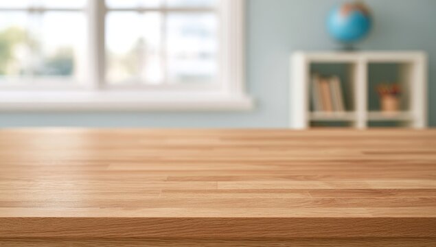 Empty Wooden Table Surface in Front of a Blurred Room Interior.