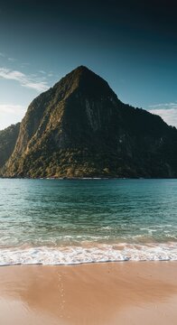 A pristine tropical beach scene where the calm water hides treacherous currents and isolation, forming a beautiful danger zone ,beautiful ,seascape ,isolated