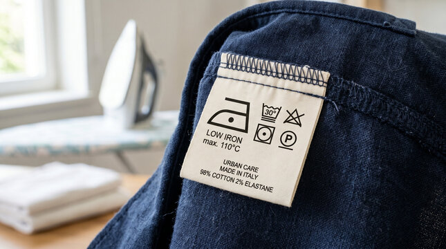 Clothing care label on dark fabric in a laundry setting  