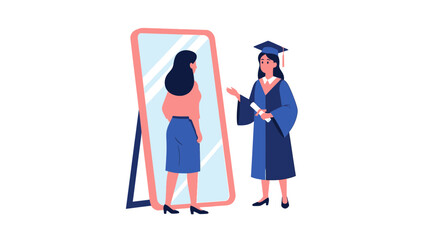 Fototapeta premium Successful Career Planning and Ambition Concept: Woman Looking into Mirror Seeing Future Self as a University Graduate