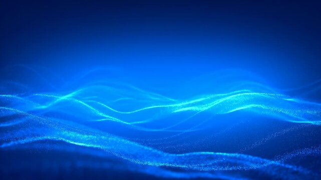 Glowing blue particle waves flow and undulate across a dark blue gradient background. Abstract backdrop shaped by flowing motion, fluidity and energy flow.