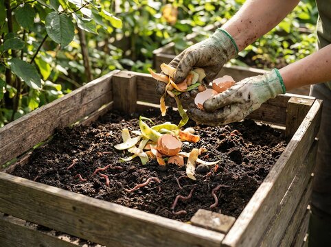 Hands in gloves adding kitchen scraps to worm farm compost bin, promoting sustainable gardening and recycling organic waste.