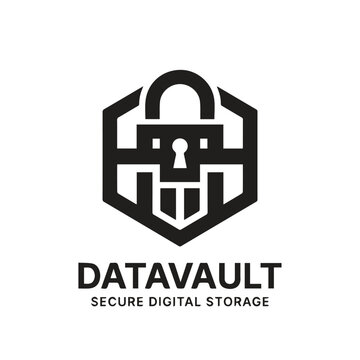 Data vault secure digital storage logo icon with padlock and hexagon