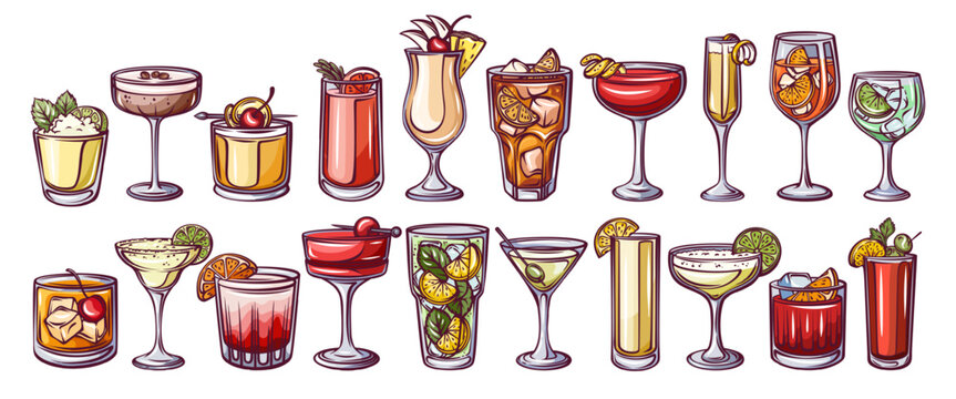 Cocktail set with martini, margarita, mojito, spritz, old fashioned, pina colada and bloody mary in assorted glasses. Bar menu, party poster and drink card design with cocktail set, vector illustratio
