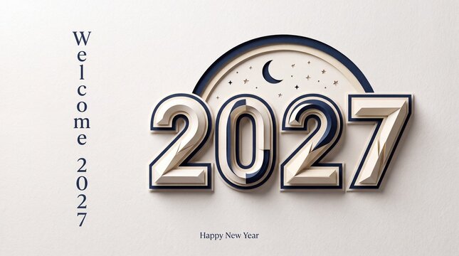 Elegant three dimensional 2027 new year greeting design featuring minimalist paper cutout style night sky elements