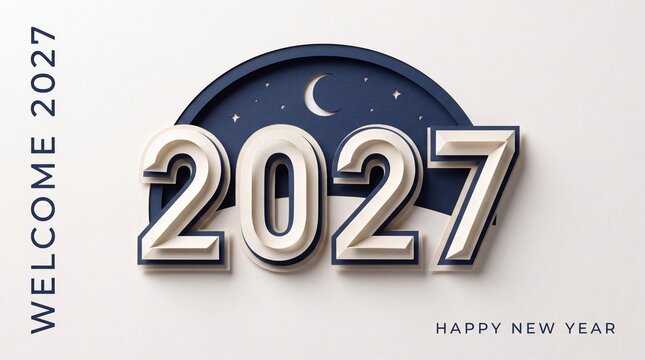 Three dimensional welcome 2027 new year greeting card design template with template with displays festive three