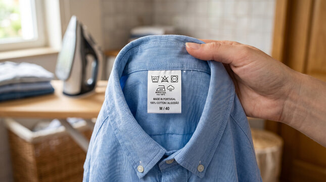 Person holding a blue shirt with care label in a laundry setting  